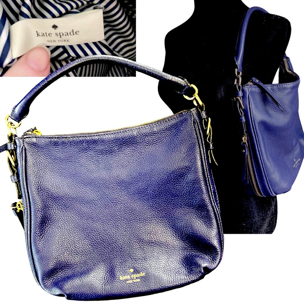 Kate Spade NY leather handbag. Expandable bottom.  Shoulder strap. Blazer blue.